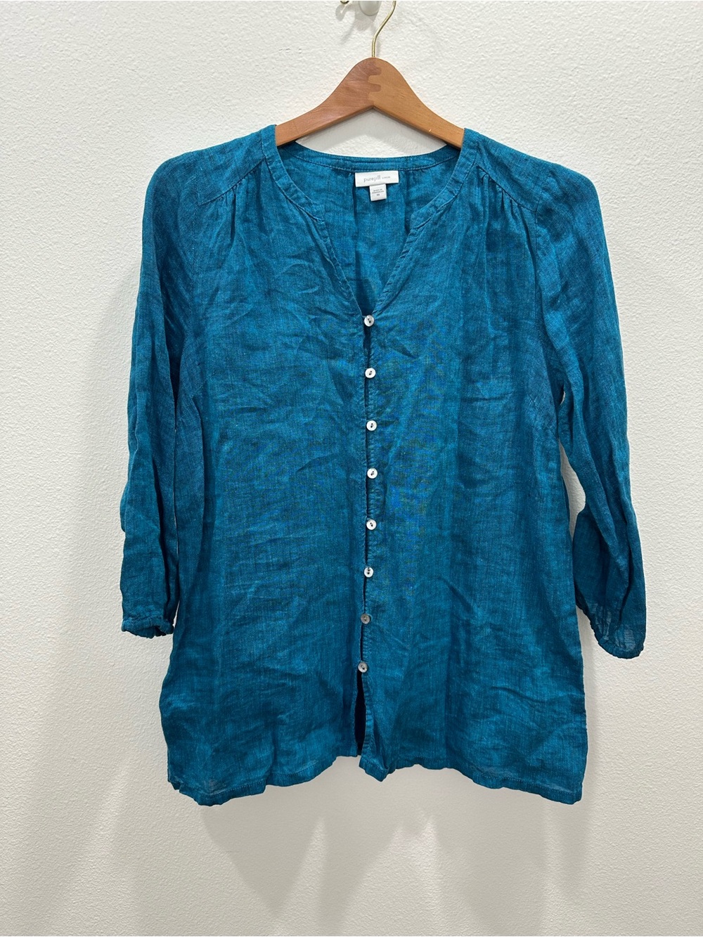 Pure Jill J Jill Teal Button-Front 100% Linen Tunic Top teal blue green soft